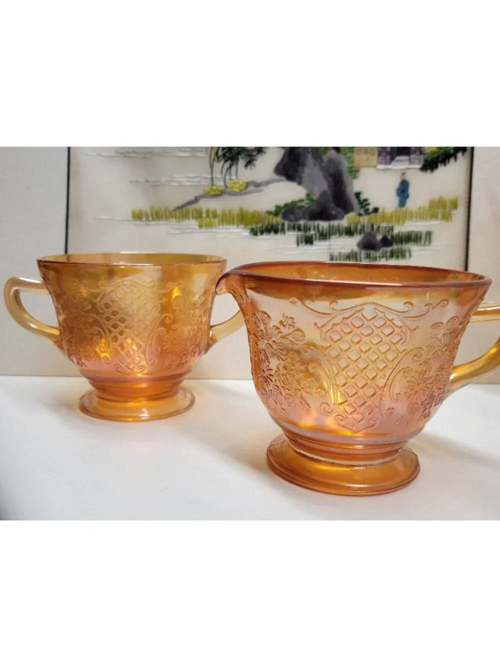 Normandie Iridescent Carnival Glass Sugar & Creamer Set Federal Glass Vintage